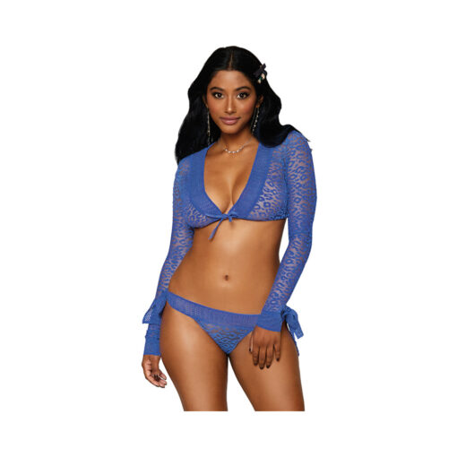 Dreamgirl 2-Piece Mesh Knit Animal Print Shrug & Cheeky Panty Periwinkle O-S