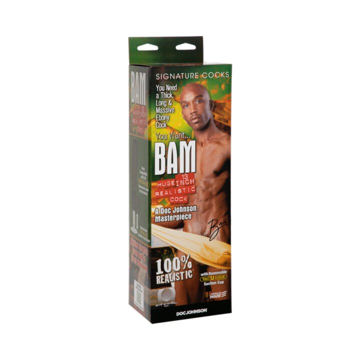 Doc Johnson Bam R5 13 inch dark brown PVC realistic dildo in branded packaging with removable suction cup