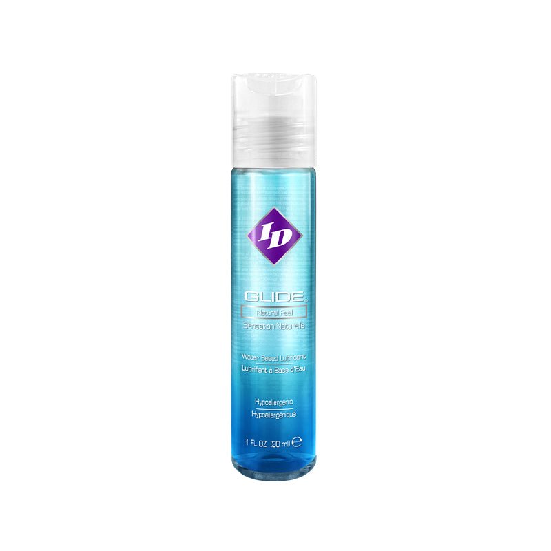 ID Glide Lubricant 1 fl oz clear water-based liquid in small pocket bottle with blue label