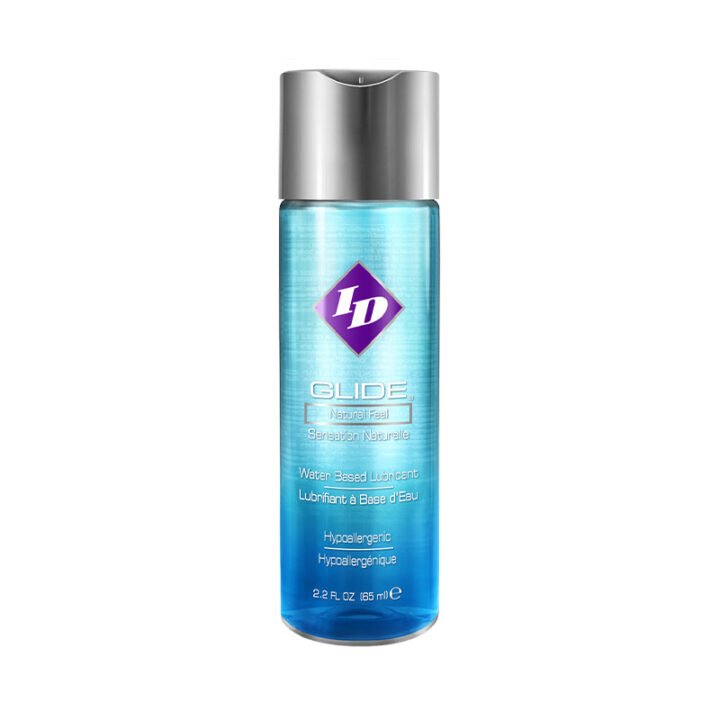 ID Glide water-based lubricant 2.2 fl oz clear liquid in disc cap bottle with blue label