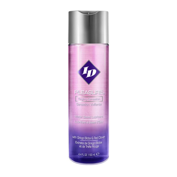 ID Pleasure Lubricant 4.4 fl oz clear liquid in purple gradient bottle with disc cap, water-based formula