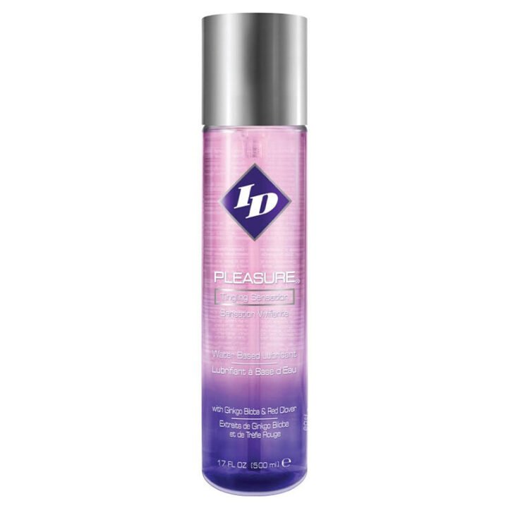 ID Pleasure Lubricant 17 fl oz clear pump bottle with silver cap, water-based, tingling sensation formula