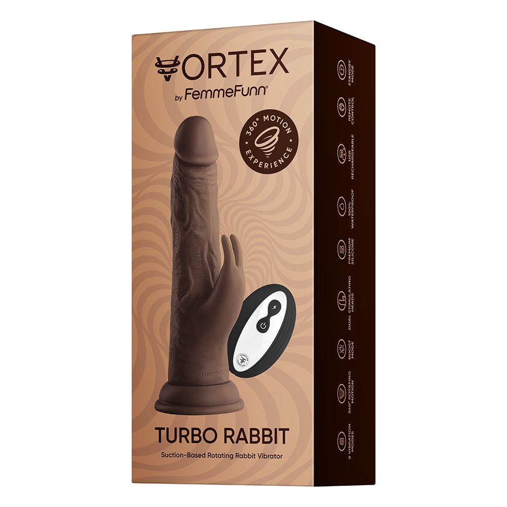 FemmeFunn Vortex Turbo Rabbit 2.0 8 in. Dual Stimulation Vibrating Dildo Brown - Image 8