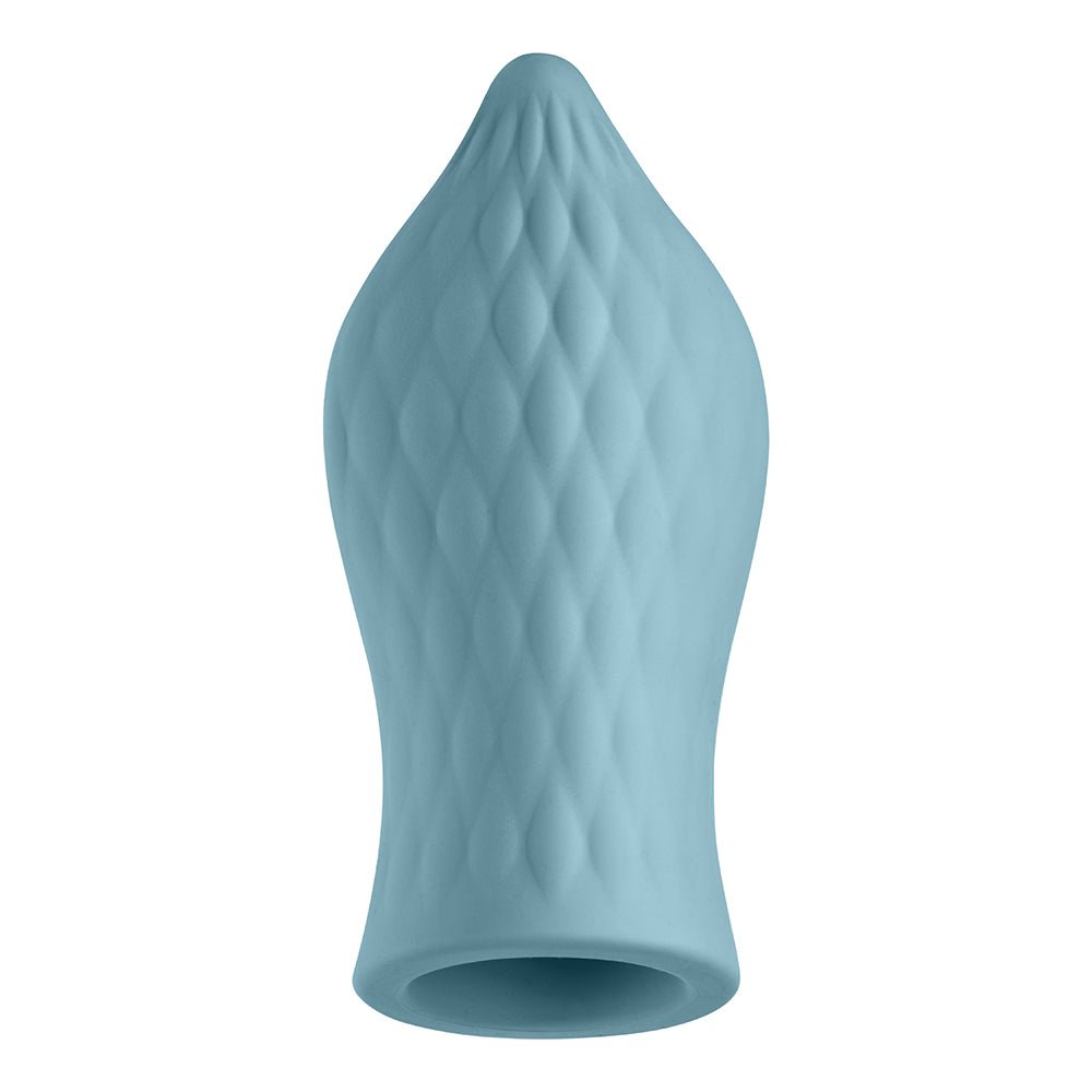 FemmeFunn Versa T Sleeve Textured Silicone Tongue-Shaped Bullet Sheath Light Blue - Image 3