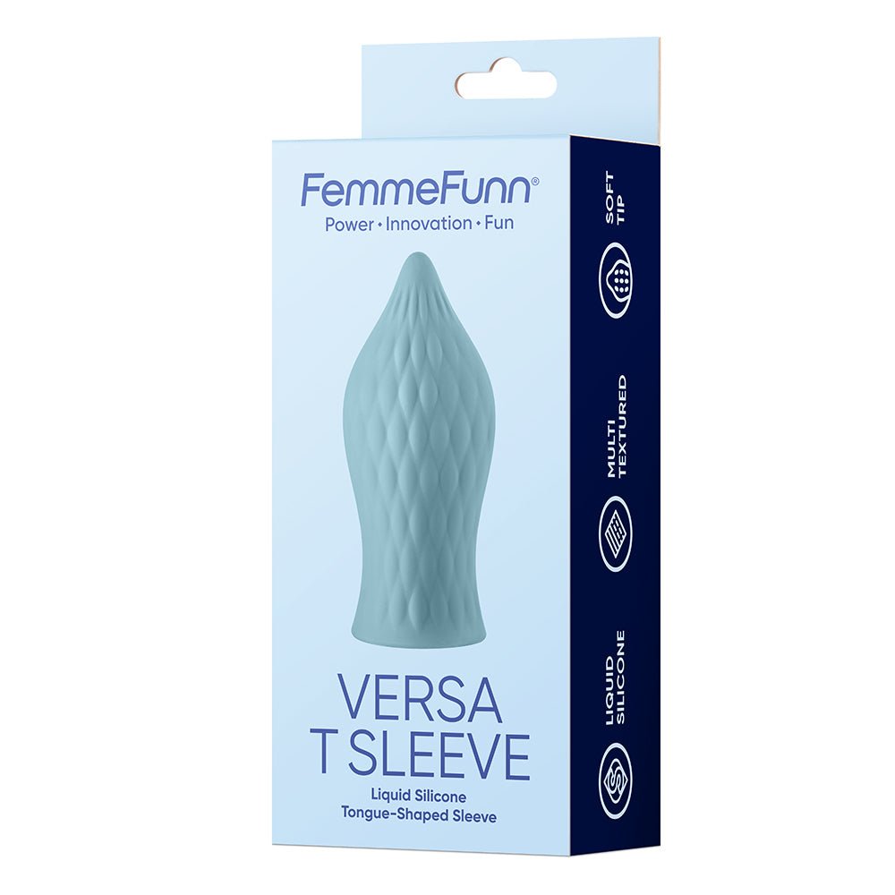 FemmeFunn Versa T Sleeve Textured Silicone Tongue-Shaped Bullet Sheath Light Blue - Image 5