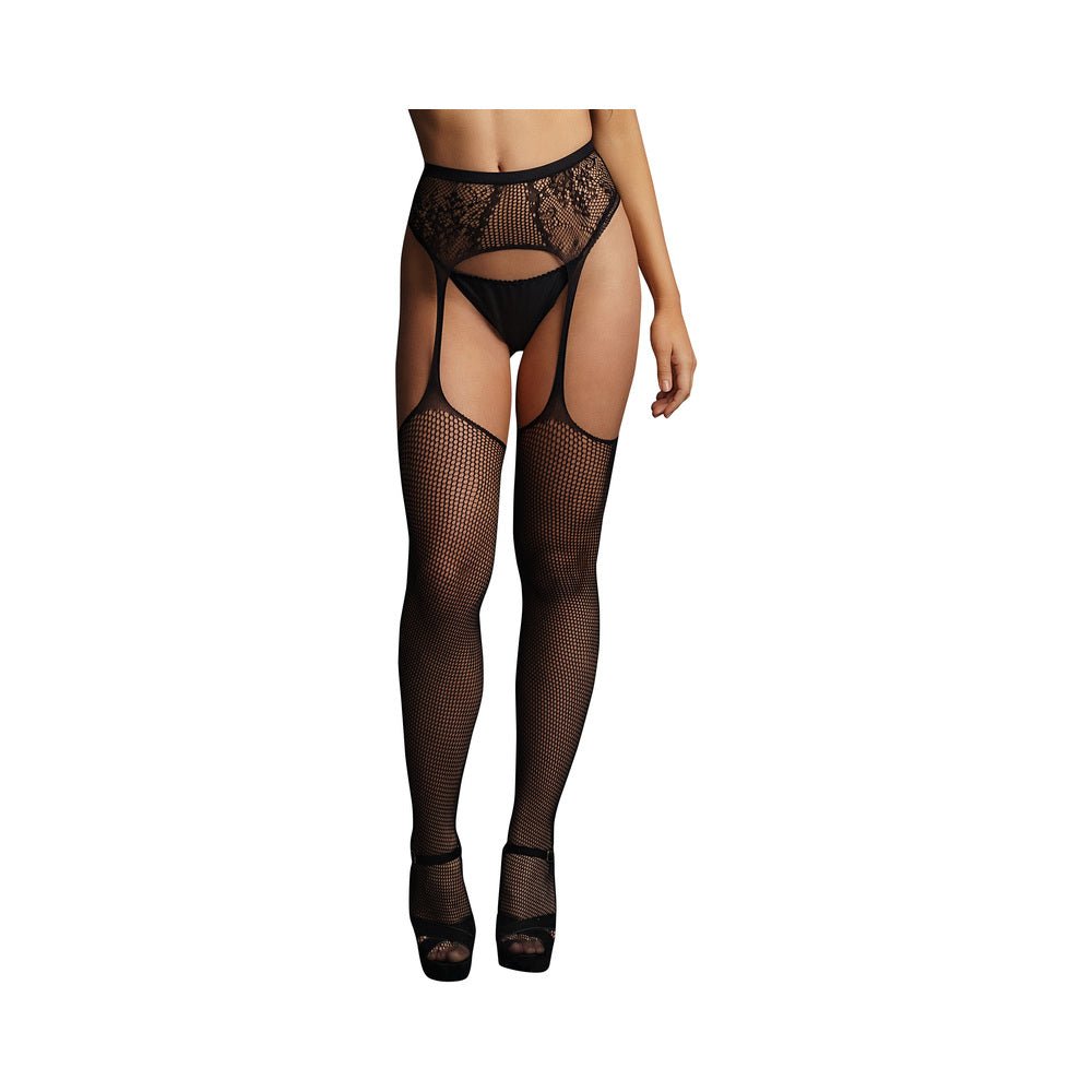 Le Desir Fishnet and Lace Garter belt Stockings Black O/S - Image 2