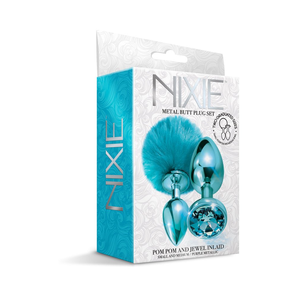 NIXIE Metal Butt Plug Set Pom Pom and Jewel-Inlaid Metallic Blue - Image 2