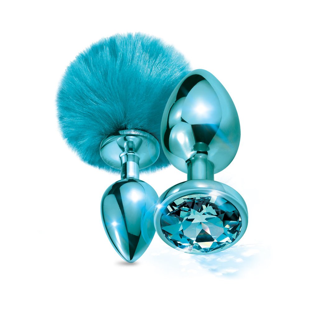 NIXIE Metal Butt Plug Set Pom Pom and Jewel-Inlaid Metallic Blue - Image 3