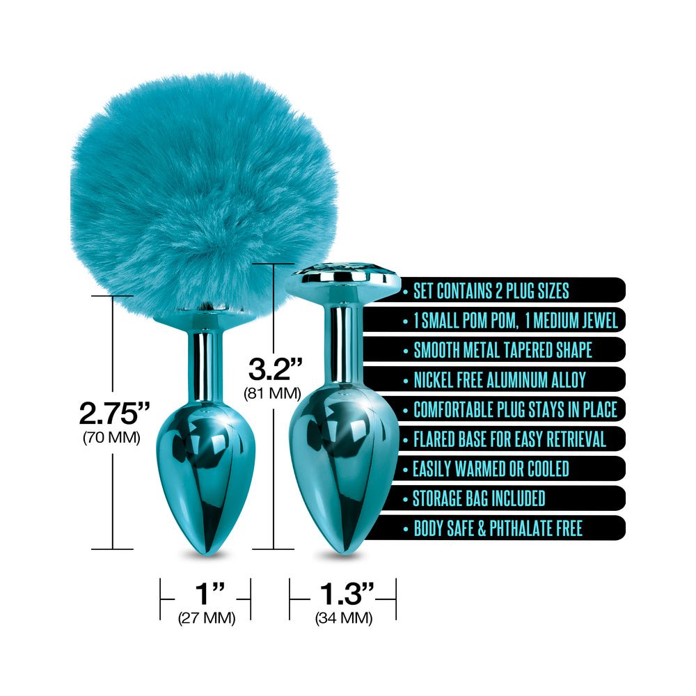 NIXIE Metal Butt Plug Set Pom Pom and Jewel-Inlaid Metallic Blue - Image 4