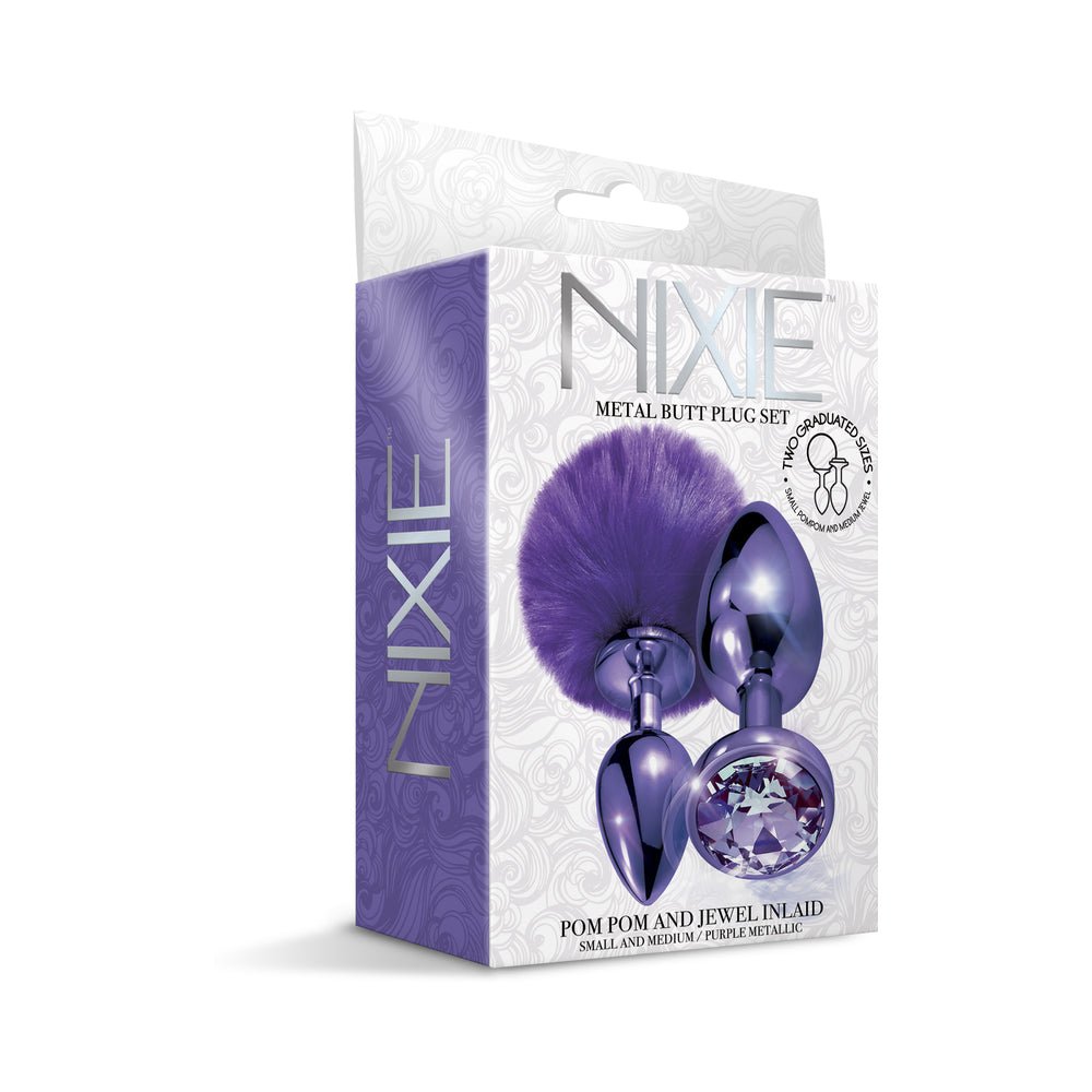 NIXIE Metal Butt Plug Set Pom Pom and Jewel-Inlaid Metallic Purple - Image 2