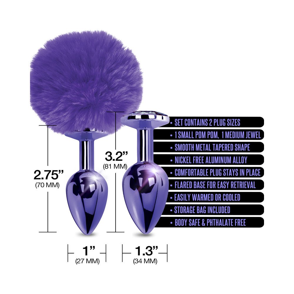 NIXIE Metal Butt Plug Set Pom Pom and Jewel-Inlaid Metallic Purple - Image 4