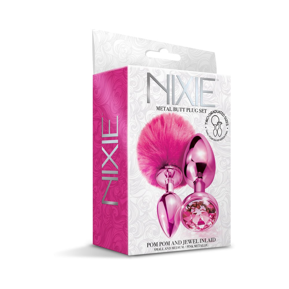 NIXIE Metal Butt Plug Set Pom Pom and Jewel-Inlaid Metallic Pink - Image 2