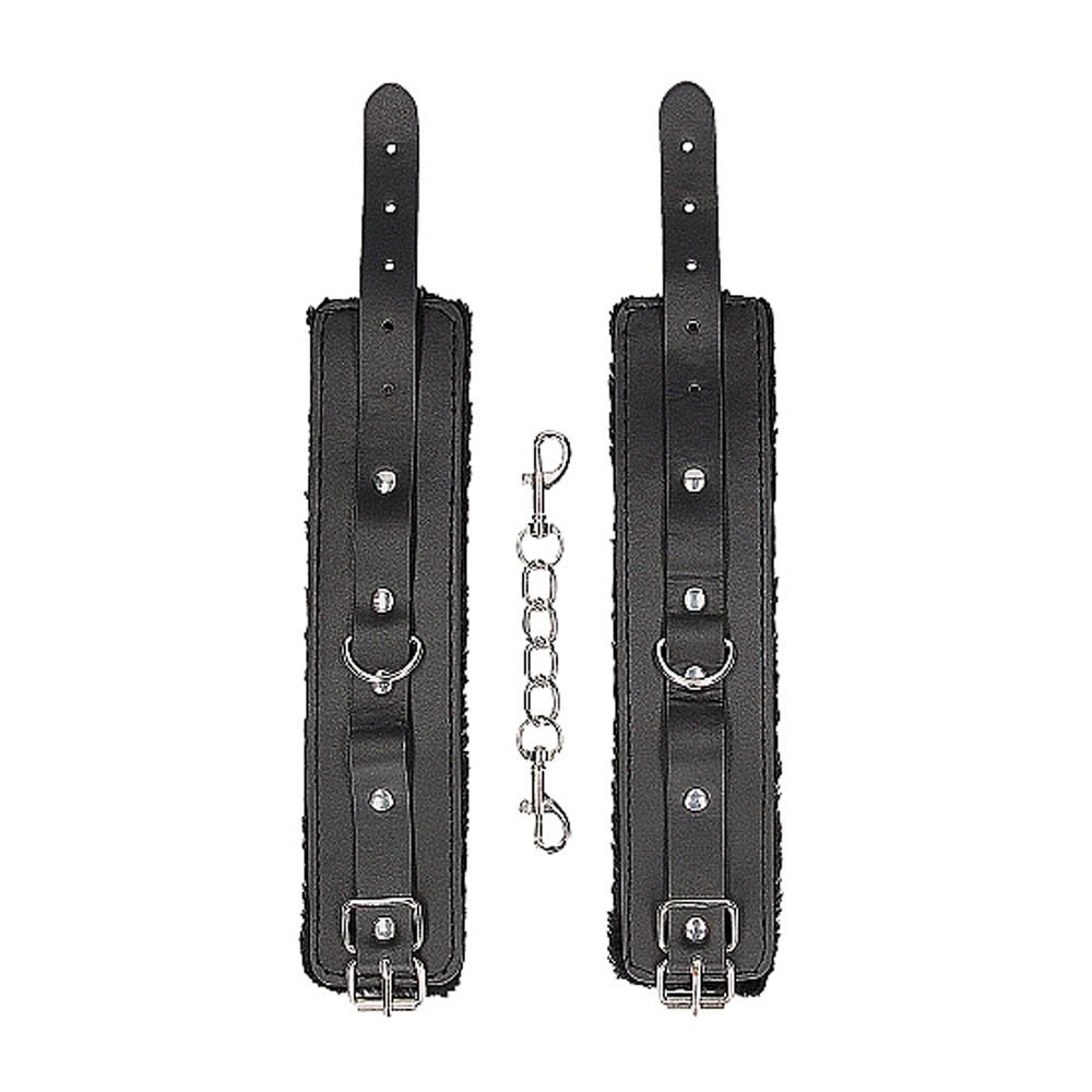 Ouch! Black & White Adjustable Plush Bonded Leather Hand Cuffs Black - Image 5