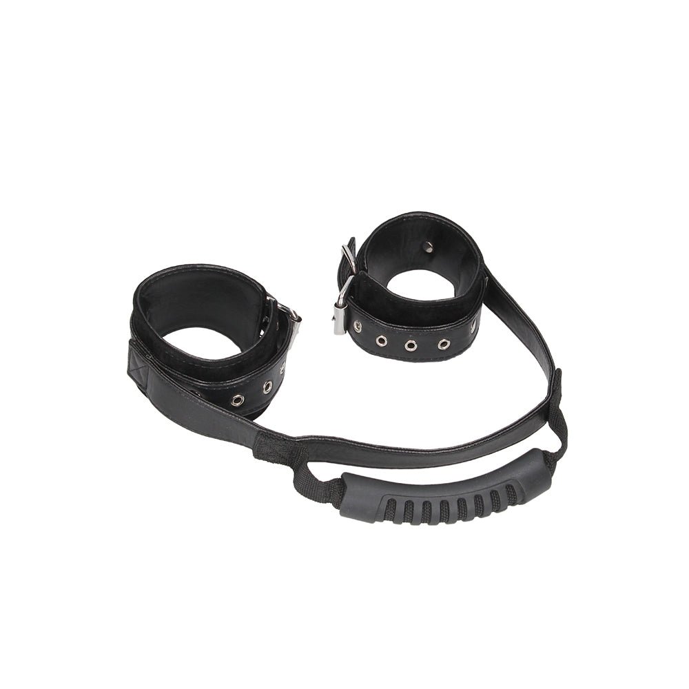 Ouch! Black & White Adjustable Bonded Leather Wrist Cuffs With Handle Black - Image 2