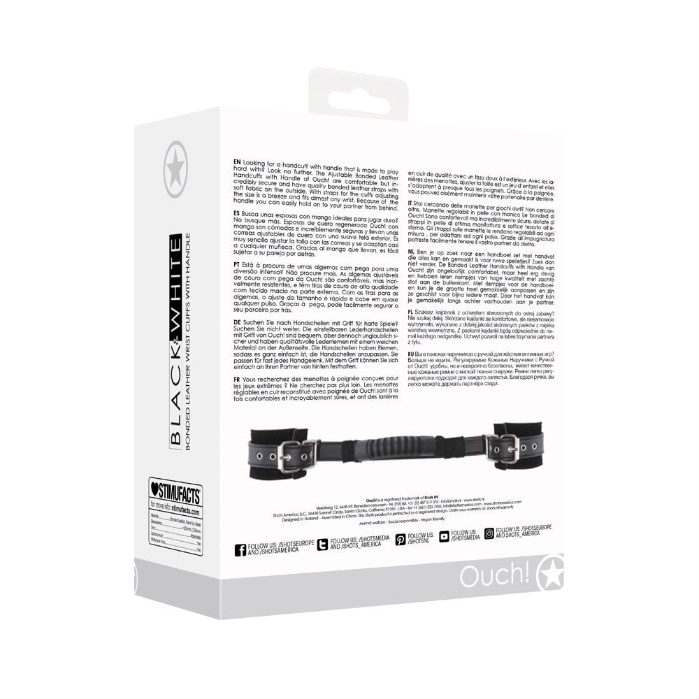 Ouch! Black & White Adjustable Bonded Leather Wrist Cuffs With Handle Black - Image 8