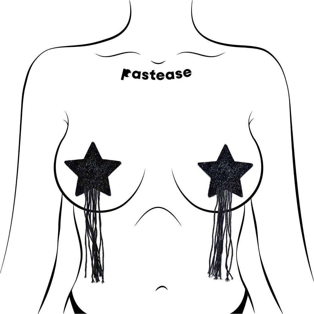 Tassel Pasties: Black Sparkle Star Pastease with Long Fringe Nipple Pasties - Image 2