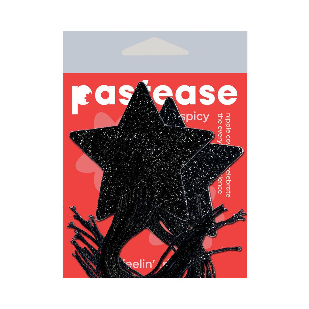 Tassel Pasties: Black Sparkle Star Pastease with Long Fringe Nipple Pasties - Image 4
