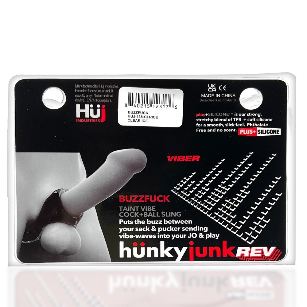 Hunkyjunk Buzzfuck Cock & Ball Sling with Taint Vibrator Clear Ice - Image 9