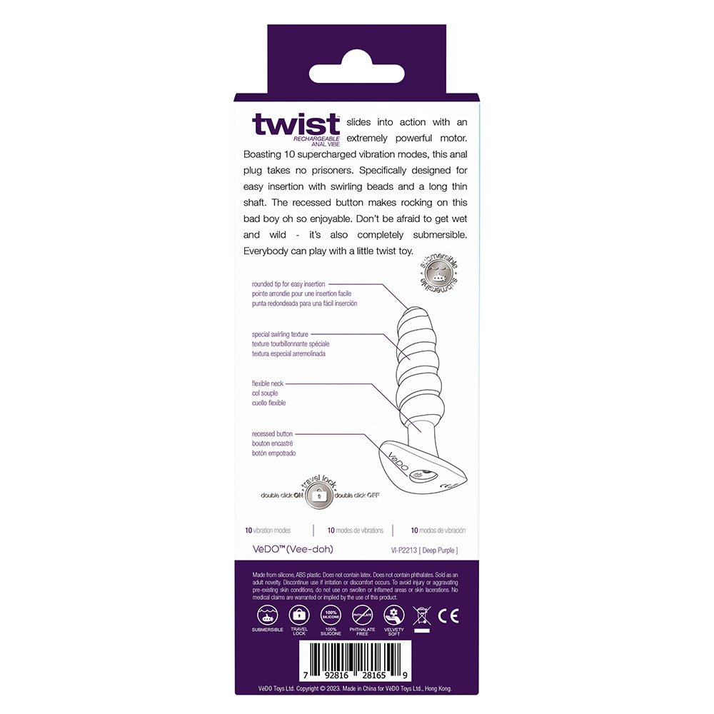 VeDO Twist Rechargeable Silicone Vibrating Anal Plug Purple - Image 5