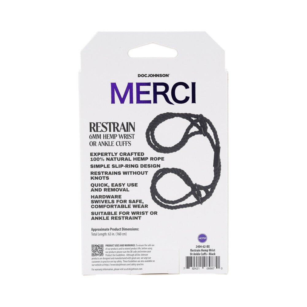 Merci Restrain 6mm Hemp Wrist or Ankle Cuffs Black - Image 7
