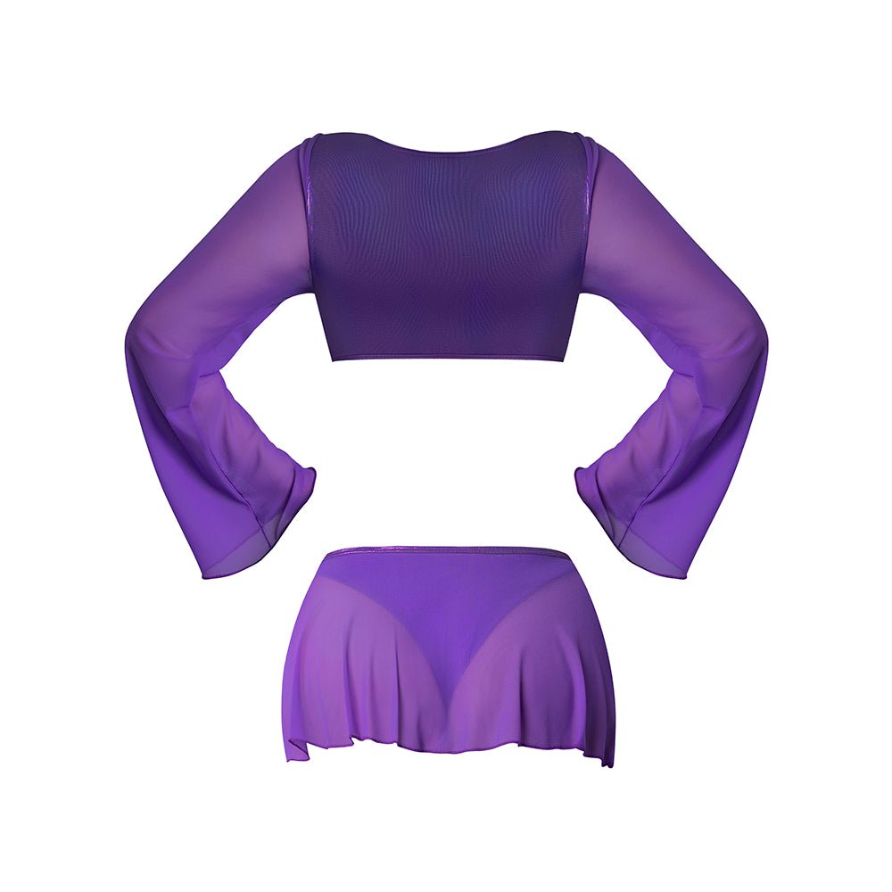 Magic Silk Glimmer LS Crop Top, Mini Skirt & Tie Side Thong Purple Disco L/XL - Image 6