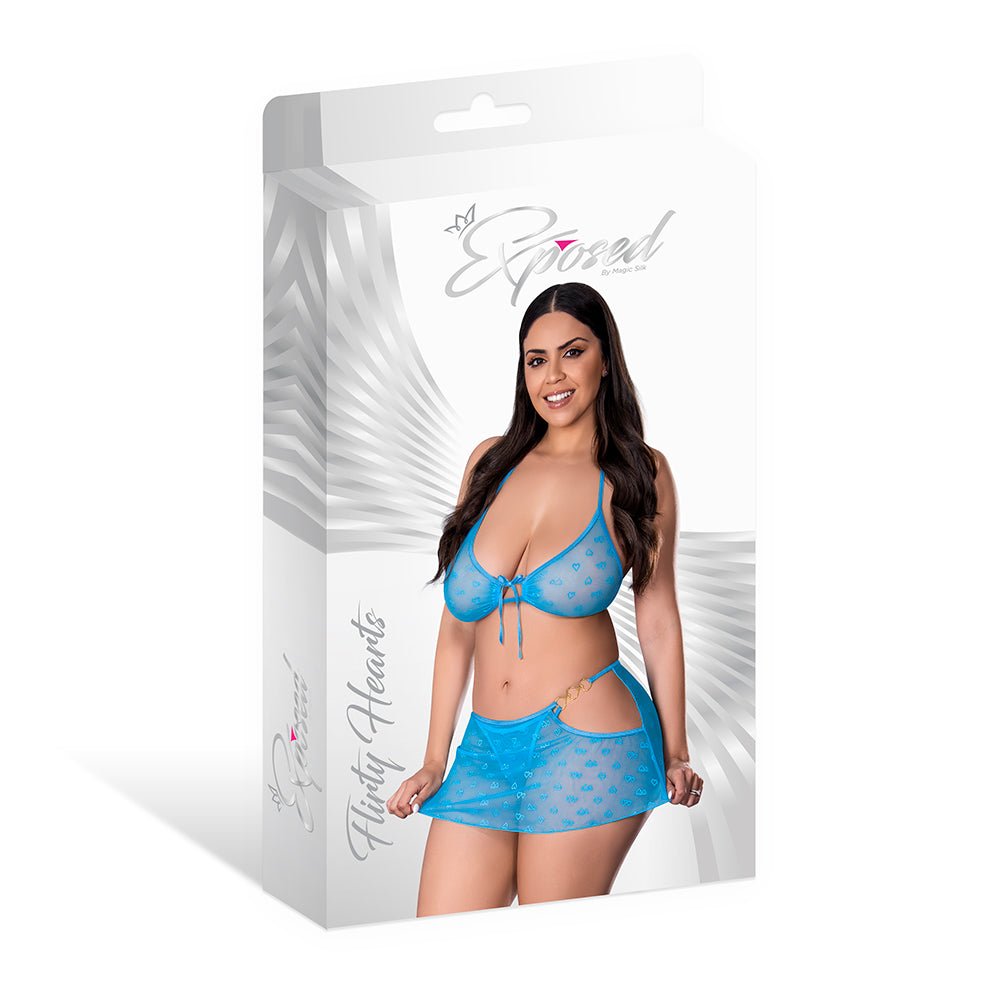 Magic Silk Flirty Hearts Halter Bra, Flutter Skirt & G-String Set Blue Sugar Queen Size - Image 4