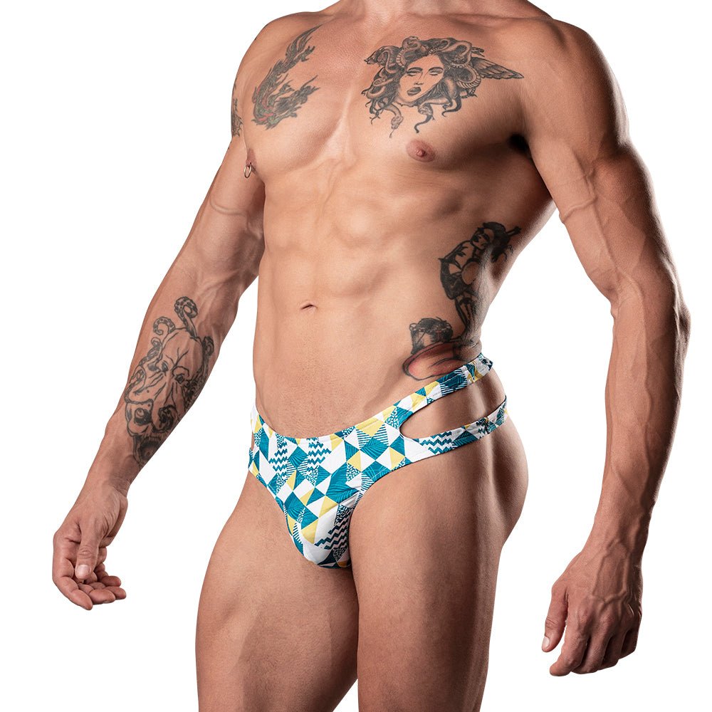 Male Power Cut It Out! Cutout Thong Blue/White L/XL - Image 3