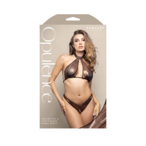 Fantasy Lingerie Opulence Pearl Underbust Halter Top & Adjustable Pearl String Open Panty Chocolate S/M