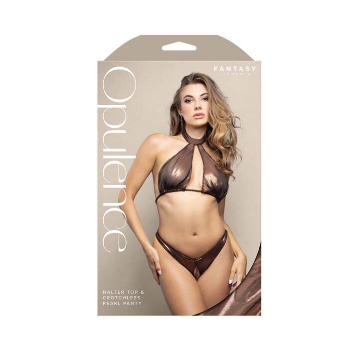 Fantasy Lingerie Opulence Pearl Underbust Halter Top & Adjustable Pearl String Open Panty Chocolate S/M