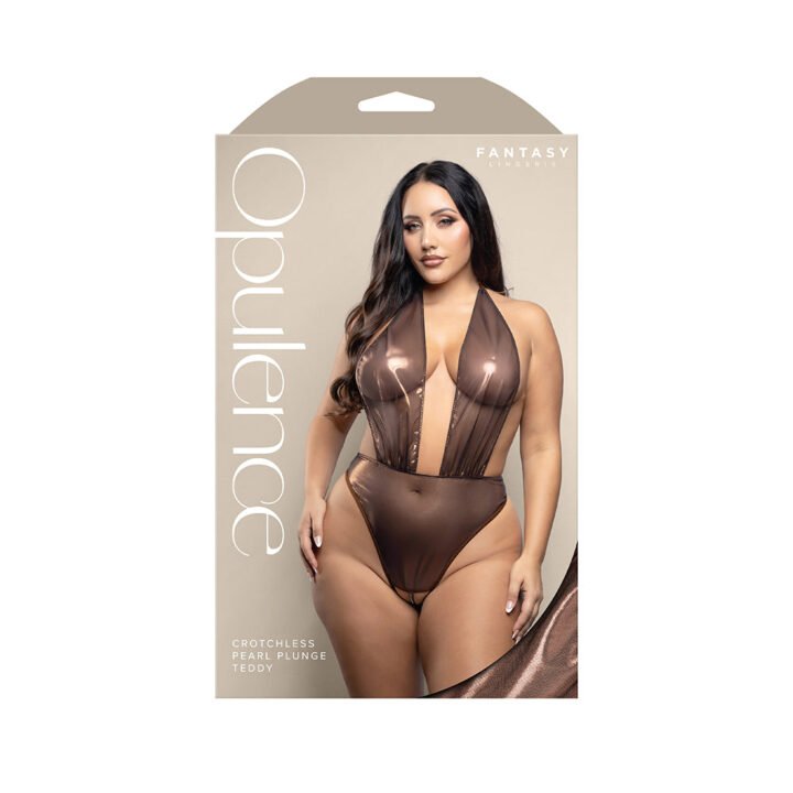 Fantasy Lingerie Opulence Crotchless Pearl Plunge Halter Teddy with Adjustable Pearl G-String Chocolate Queen Size