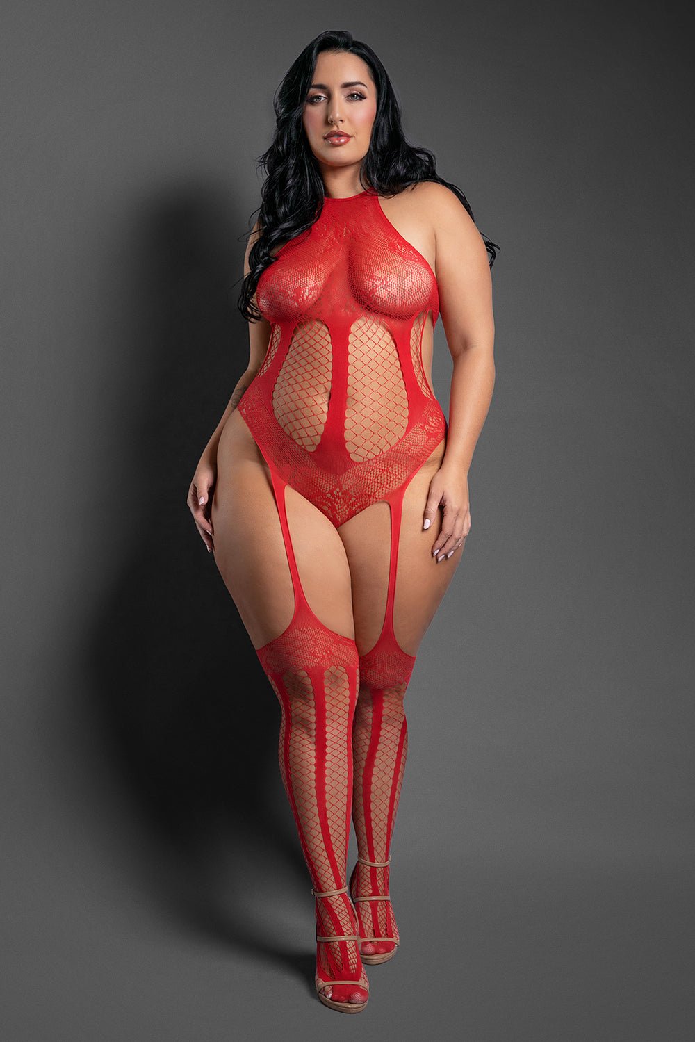 Fantasy Lingerie Sheer Stripped Down Halter Teddy Bodystocking with Cut-Out Back Red Queen Size - Image 2