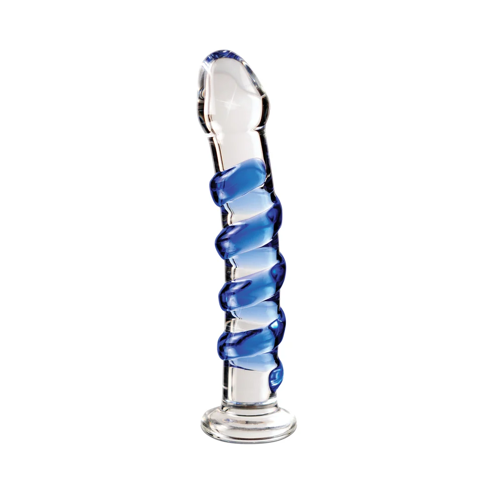 Icicles No. 5 Curved Ribbed 7 in. Glass Dildo Blue/Clear - Image 6