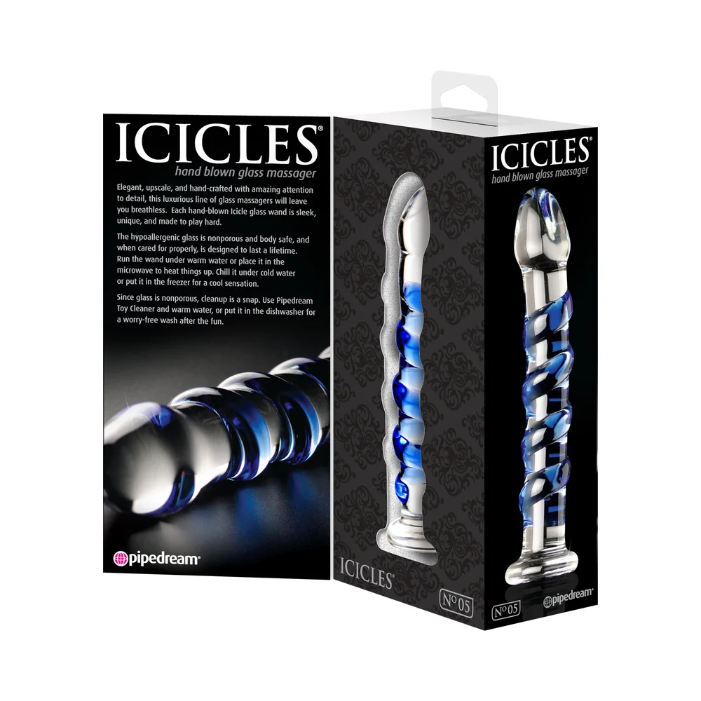 Icicles No. 5 Curved Ribbed 7 in. Glass Dildo Blue/Clear - Image 9