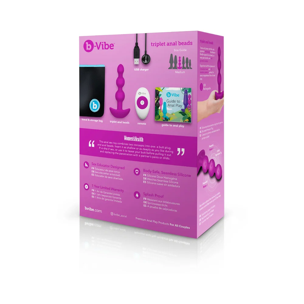 b-Vibe Triplet Rechargeable Remote-Controlled Vibrating Anal Beads Plug Fuchsia - Image 13
