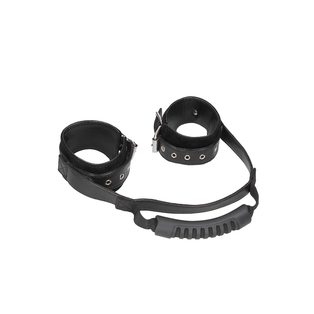 Ouch! Black & White Adjustable Bonded Leather Wrist Cuffs With Handle Black - Image 9