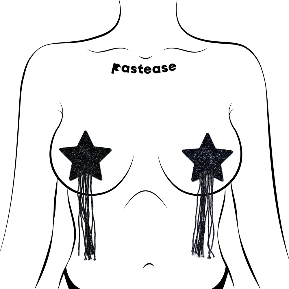 Tassel Pasties: Black Sparkle Star Pastease with Long Fringe Nipple Pasties - Image 7