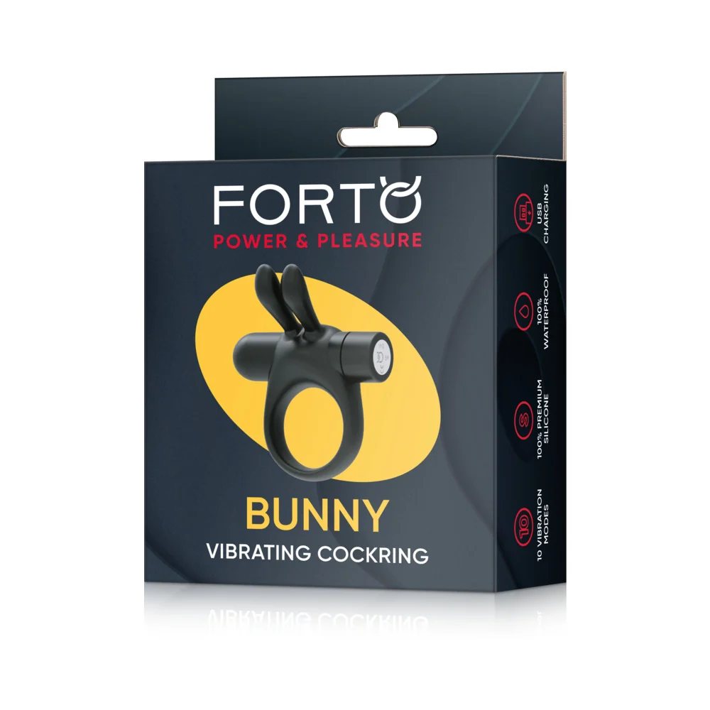 Forto Bunny Rechargeable Silicone Vibrating Cockring with Stimulating Ears Black - Image 7