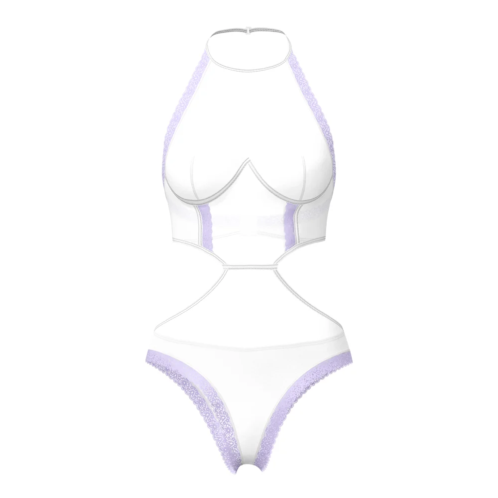 Magic Silk Sheer Passion Halter Teddy White/Lavender L/XL - Image 4