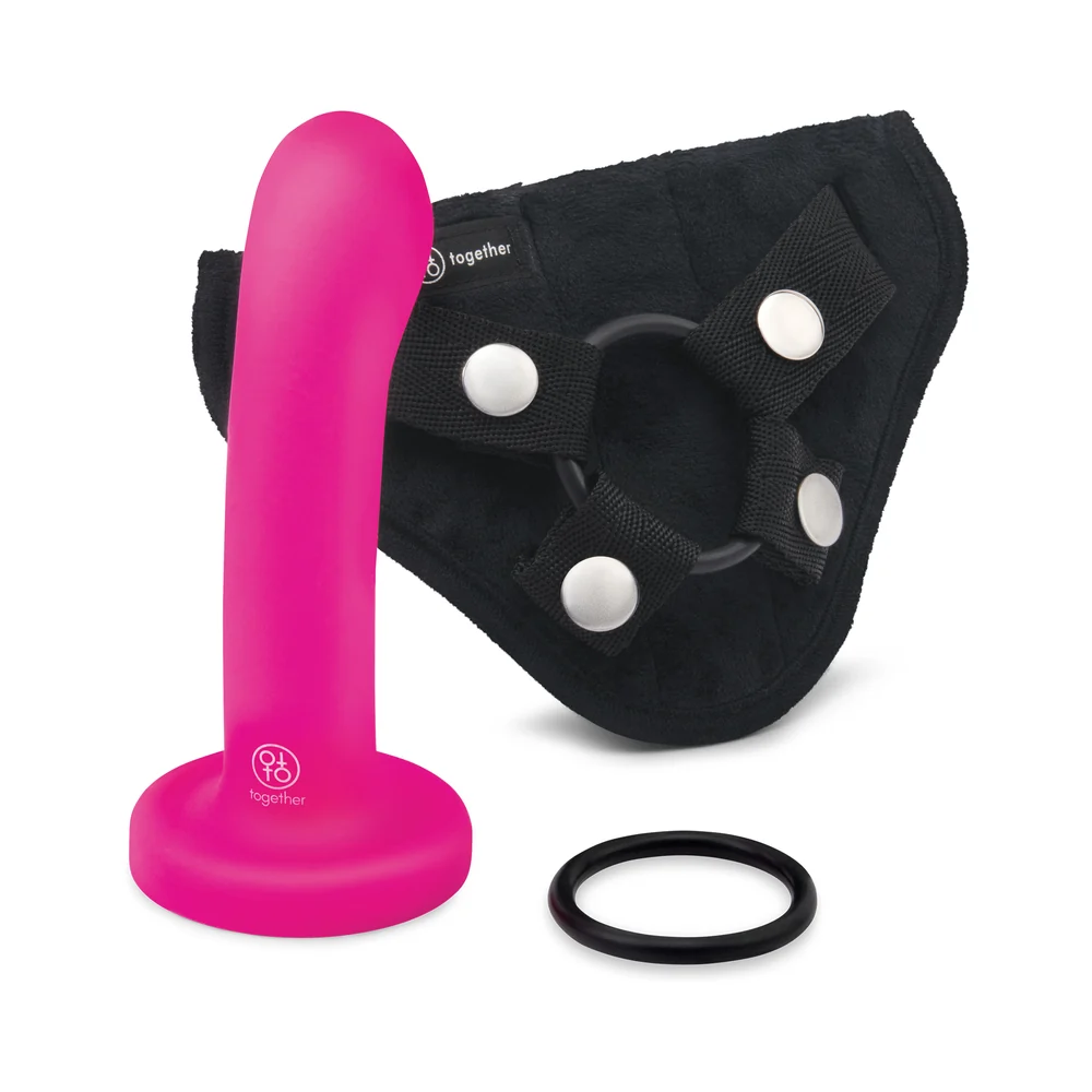 Together Pop 6 in. Silicone Dildo & Harness Set Pink - Image 2
