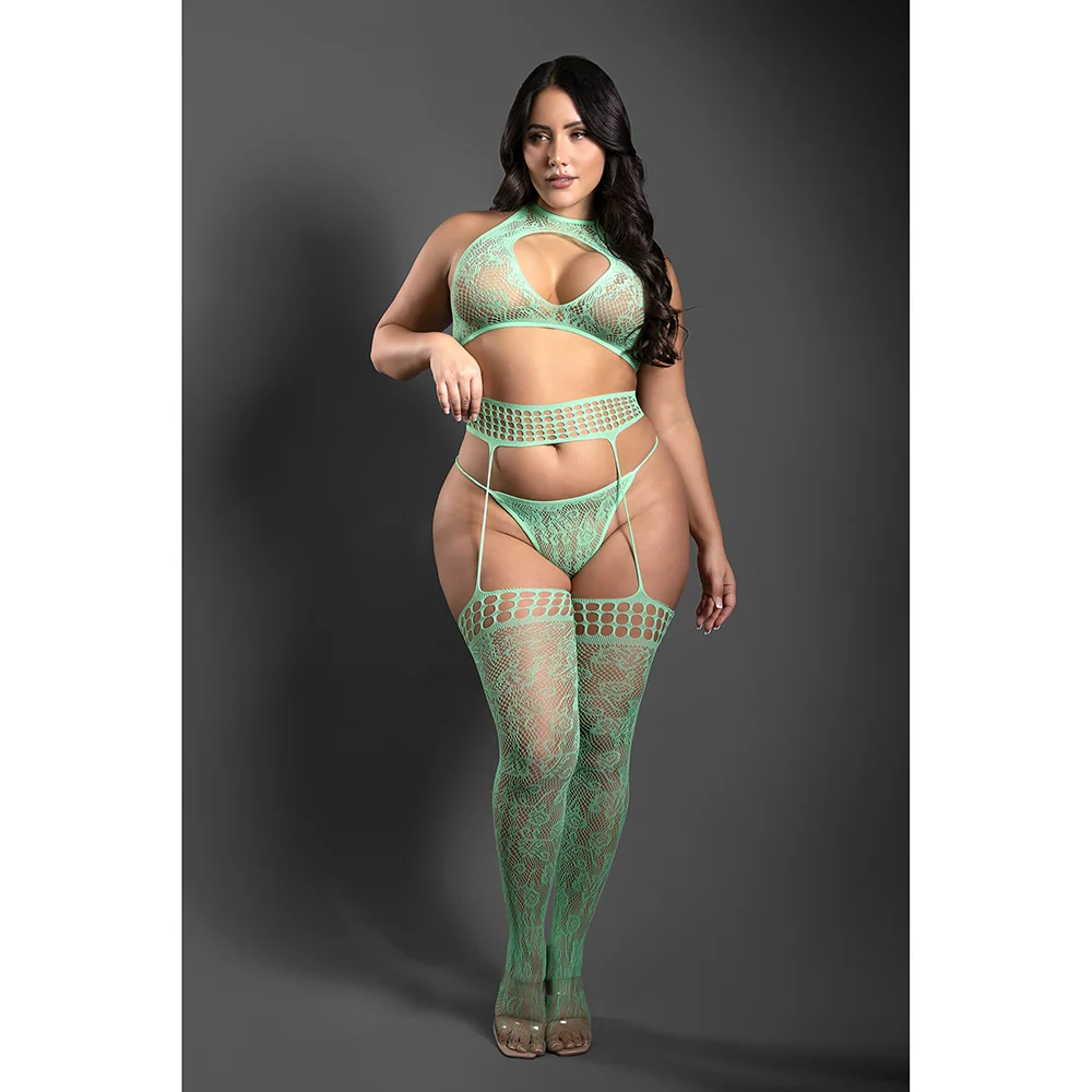 Fantasy Lingerie Sheer Heart Of Glass Lace Knit Halter Tie Top, G-String & Gartered Stockings Seaglass Green Queen Size - Image 2