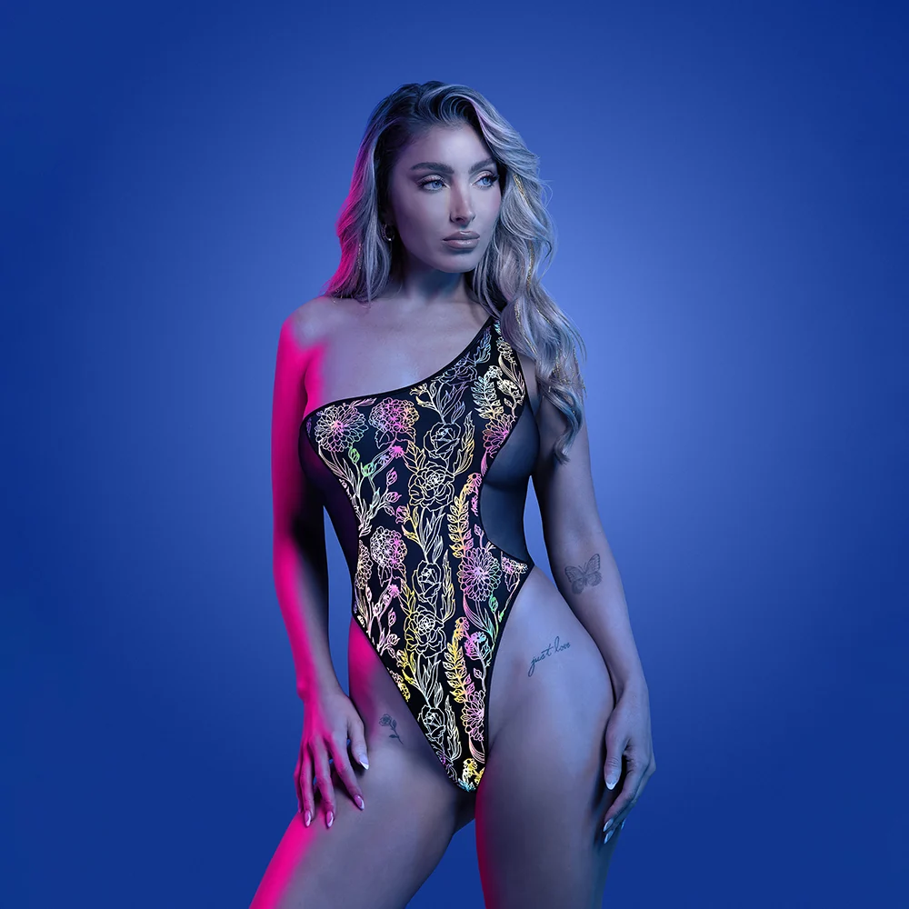 Fantasy Lingerie Glow Luminescent Floral Print One-Shoulder Teddy S/M - Image 2