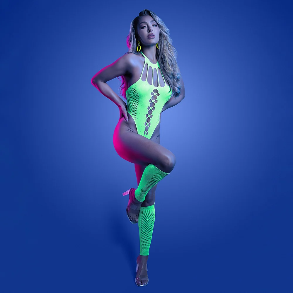 Fantasy Lingerie Glow Pressure Point UV Reactive Rhinestone Teddy & Gloves O/S - Image 4