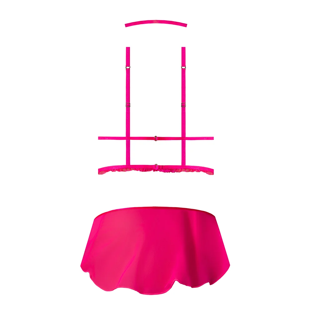 Magic Silk Pink Kink Harness Top, Open Crotch Skirt Panty & Choker Pink Glow L/XL - Image 4