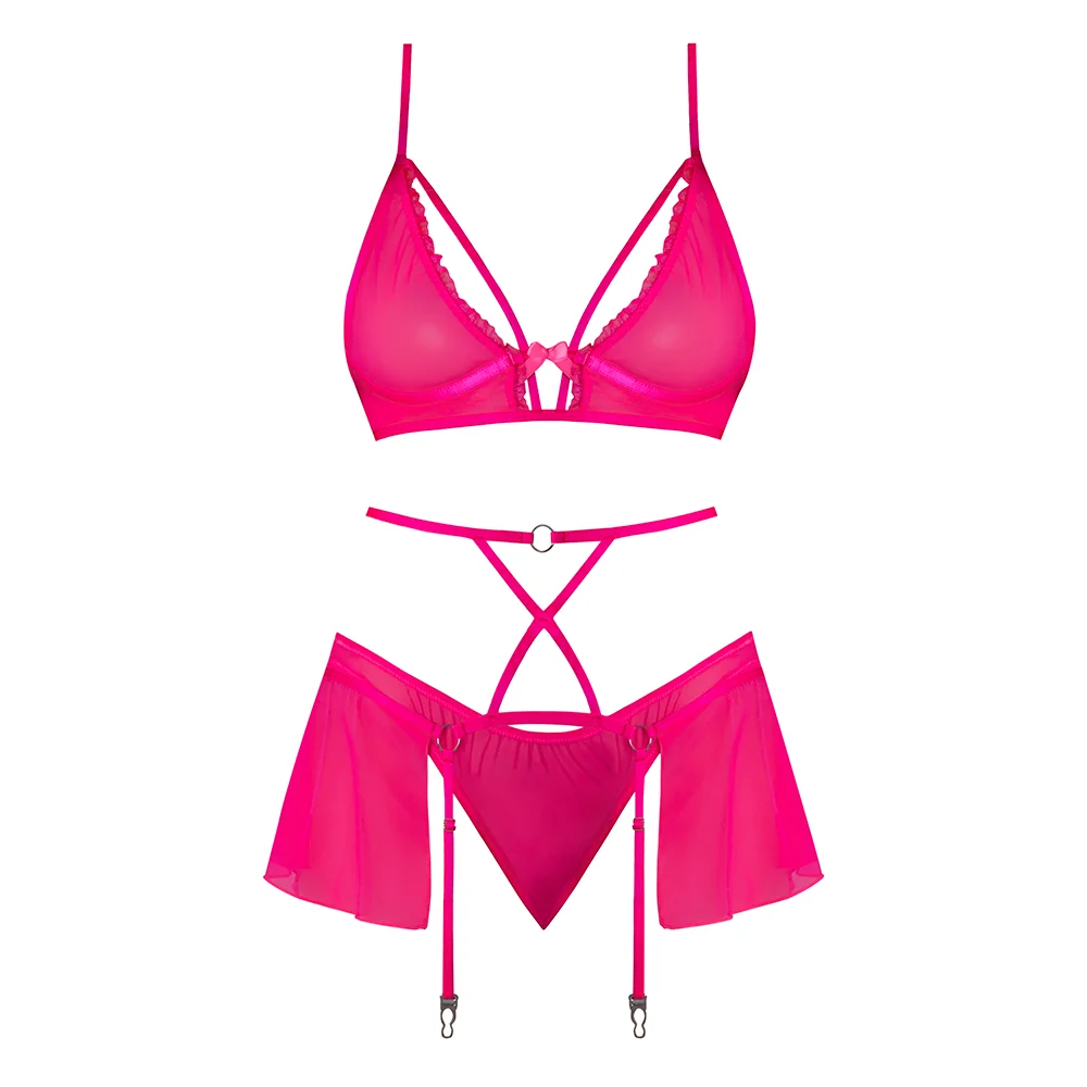Magic Silk Pink Kink Bralette, High Leg Panty & Garter Skirt Set Pink Glow S/M - Image 4