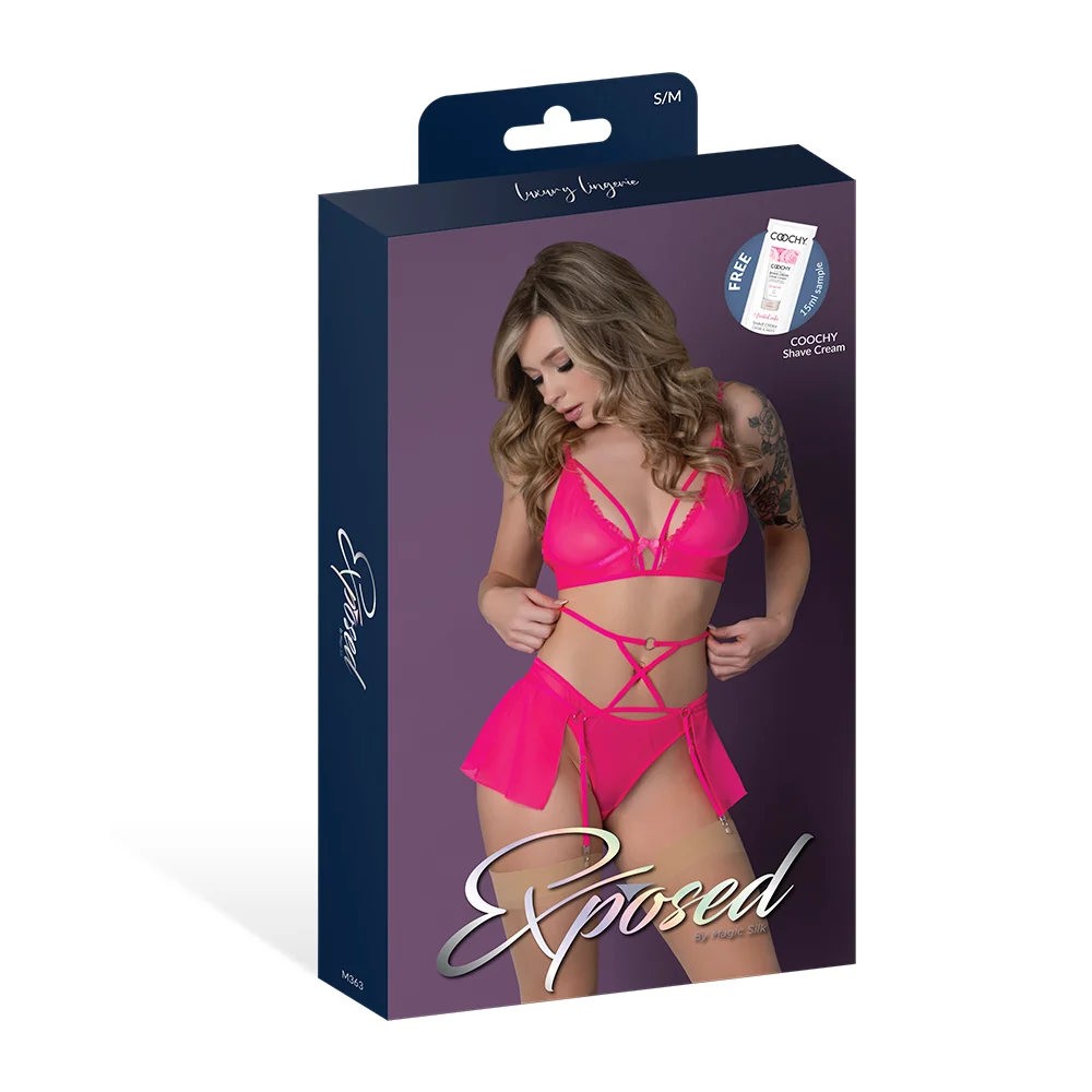 Magic Silk Pink Kink Bralette, High Leg Panty & Garter Skirt Set Pink Glow S/M - Image 6