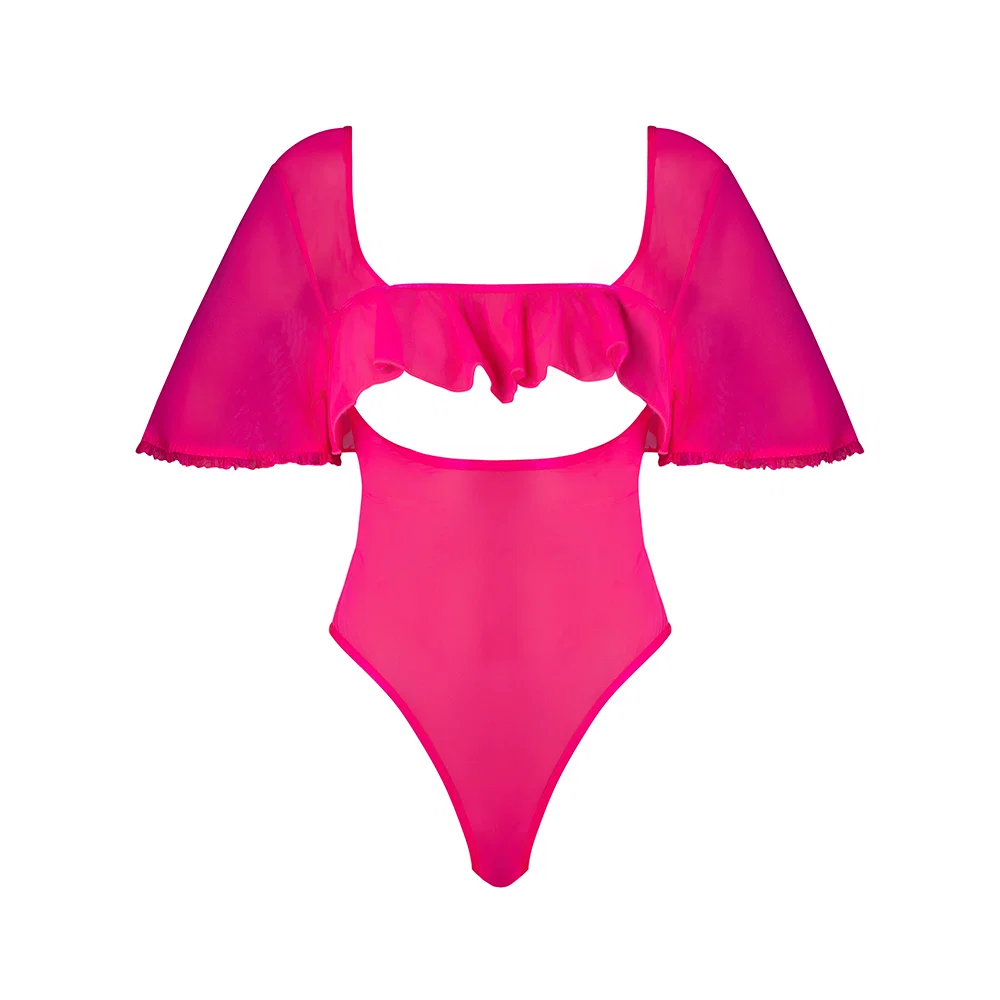 Magic Silk Pink Kink Flutter Sleeve Teddy Pink Glow Queen Size - Image 5