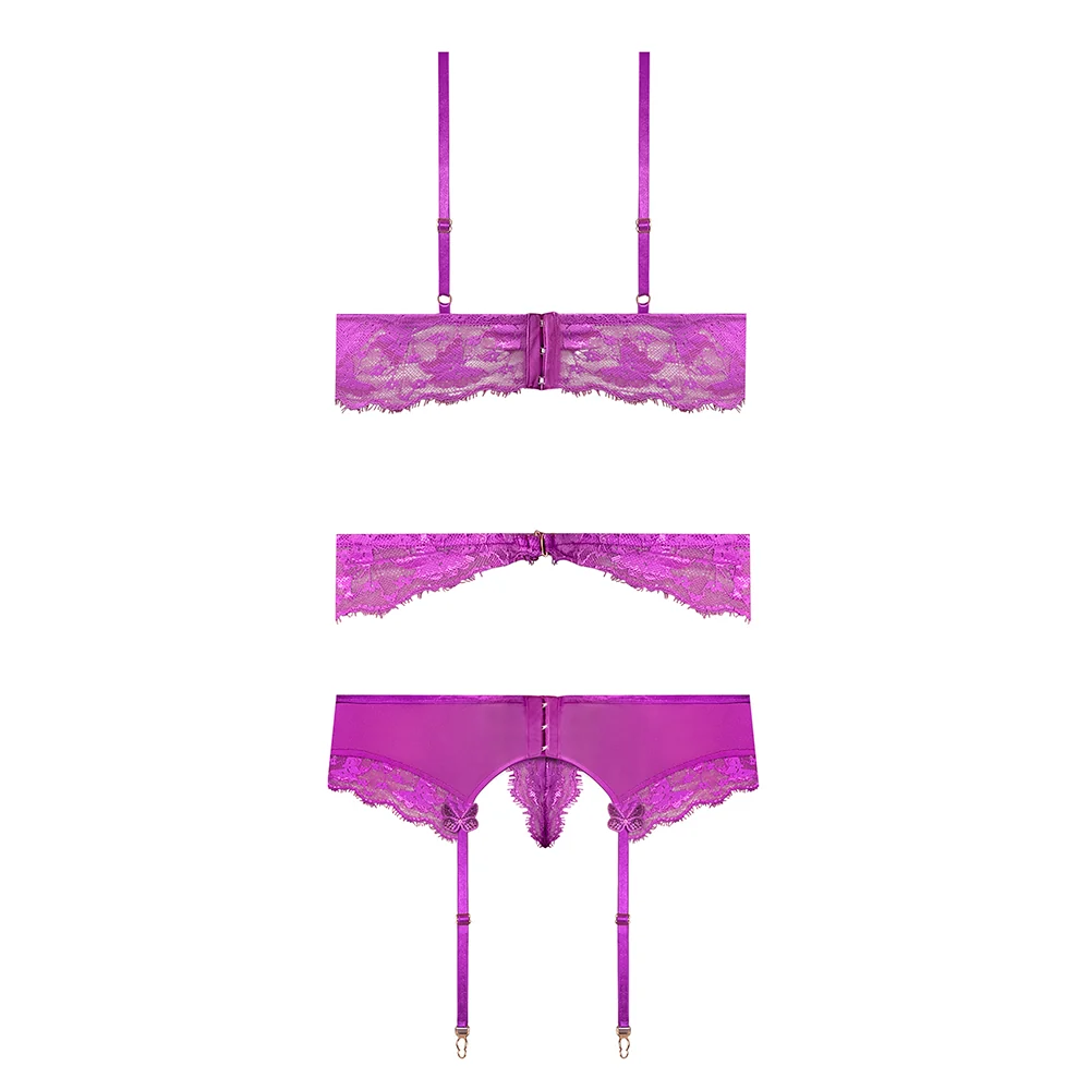 Magic Silk Butterfly Fantasies Bra, Garter & Thong Set Neon Purple L/XL - Image 5