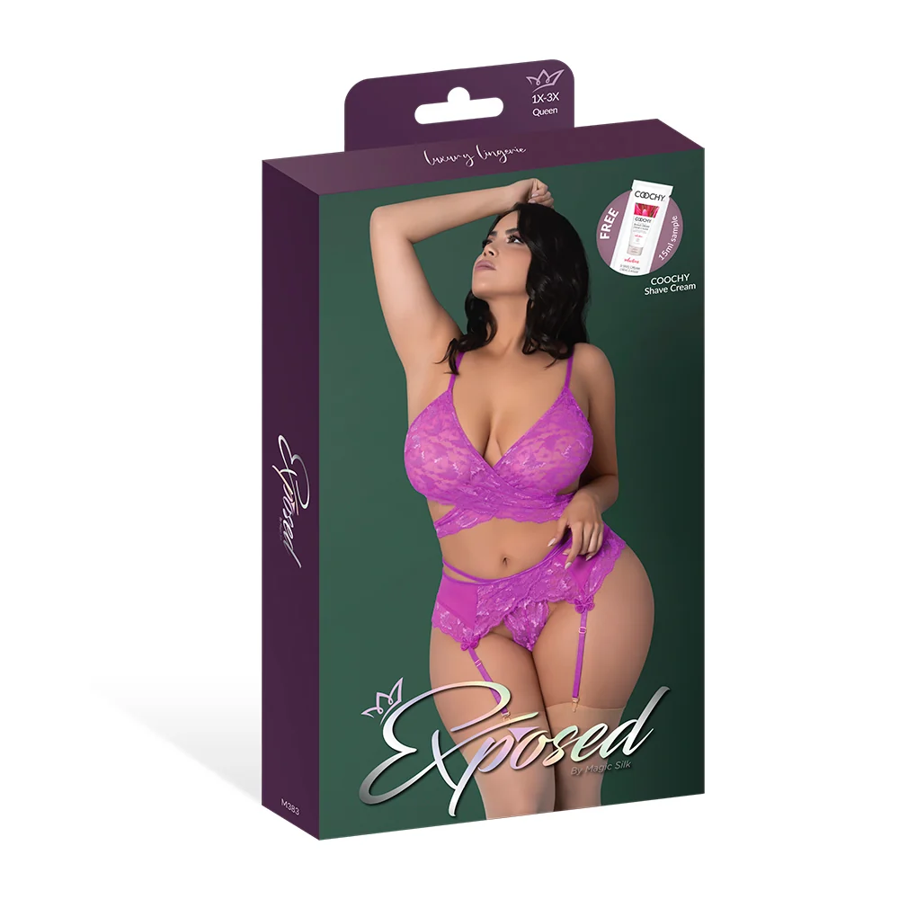 Magic Silk Butterfly Fantasies Bra, Garter & Thong Set Neon Purple Queen Size - Image 11