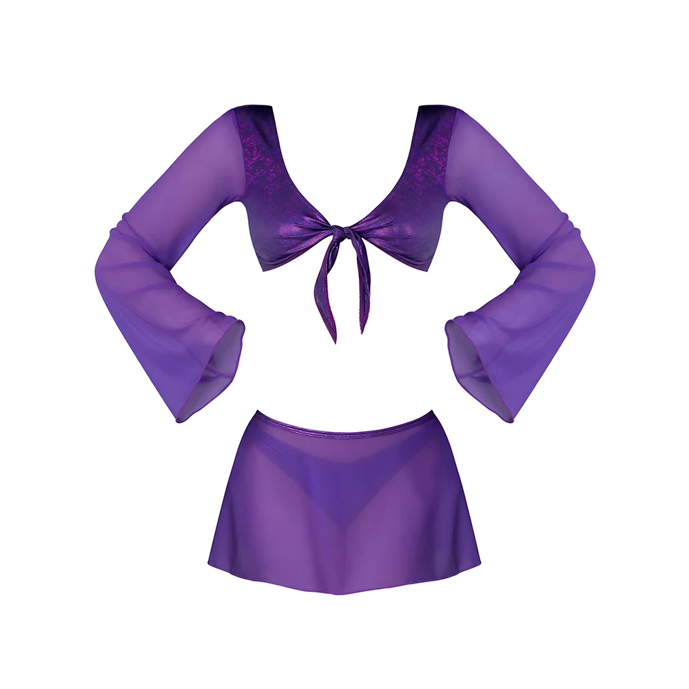 Magic Silk Glimmer LS Crop Top, Mini Skirt & Tie Side Thong Purple Disco L/XL - Image 11