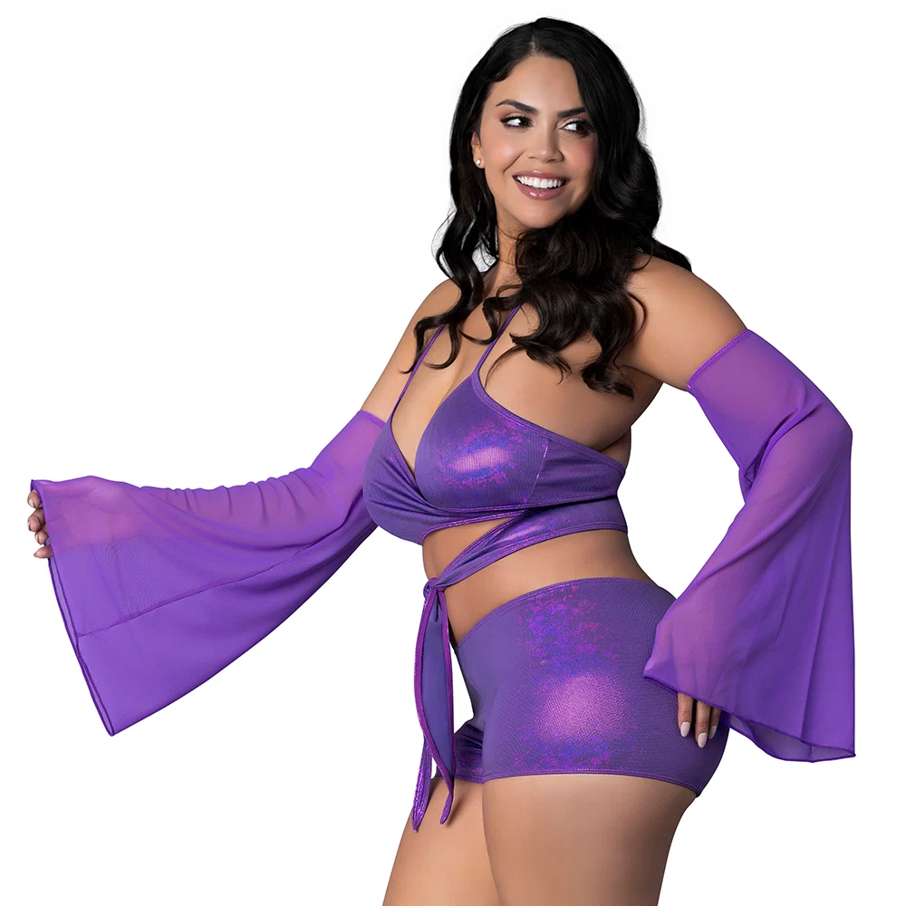 Magic Silk Glimmer Wrap Bralette, Booty Shorts & Sleeve Set Purple Disco Queen Size - Image 7
